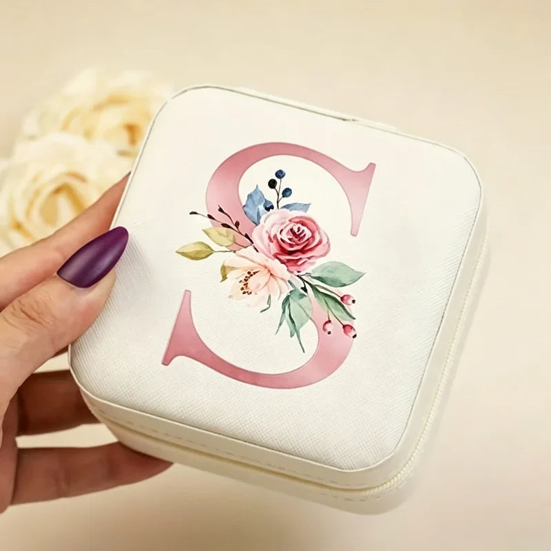 White Floral PU Leather Jewelry Box – A-Z Ring & Earring Organizer