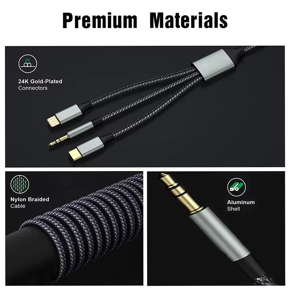 3-in-1 USB-C Lightning to 3.5mm Aux Audio Cable | Male to Male