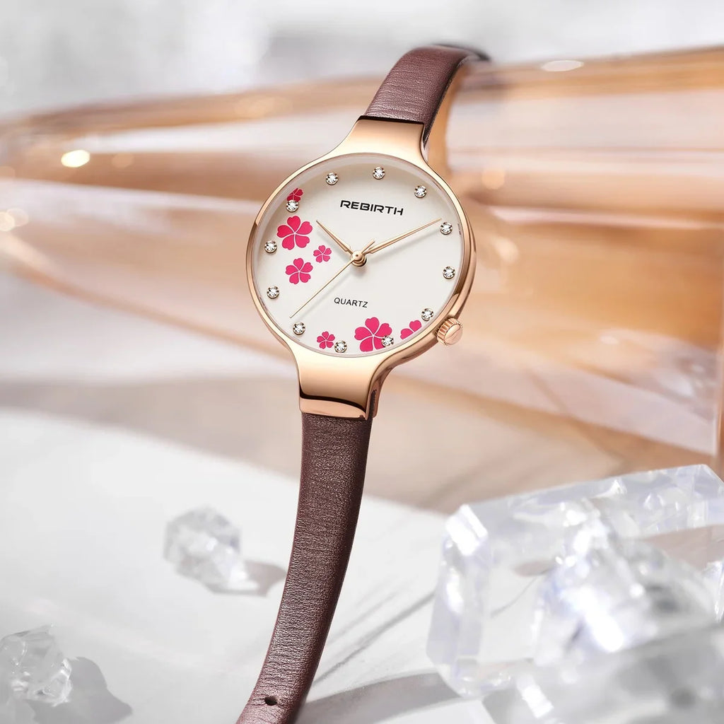 REBIRTH Retro Floral Quartz Watch – Leather Strap, Elegant