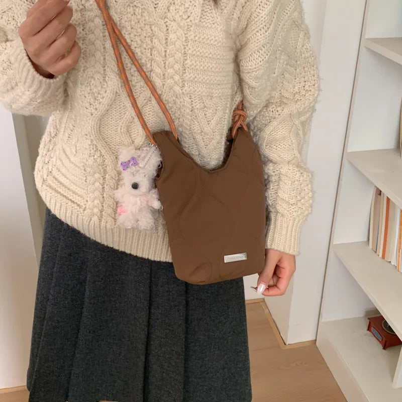 Women's Quilted Crossbody Phone Bag – Solid Mini Bucket Bag