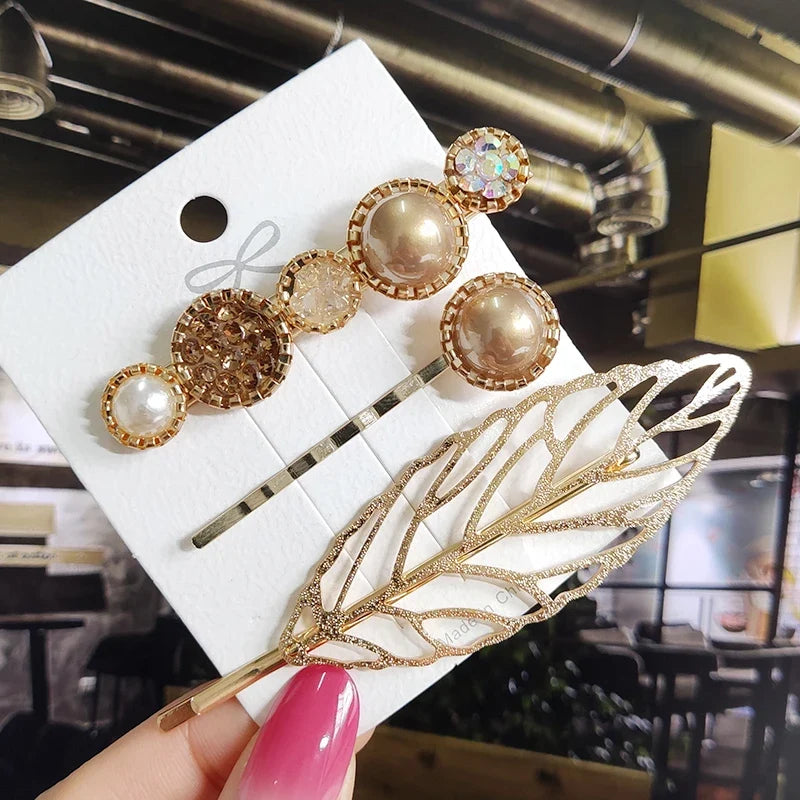 Pearl Crystal Hair Clips Set – Korean Geometric Barrettes