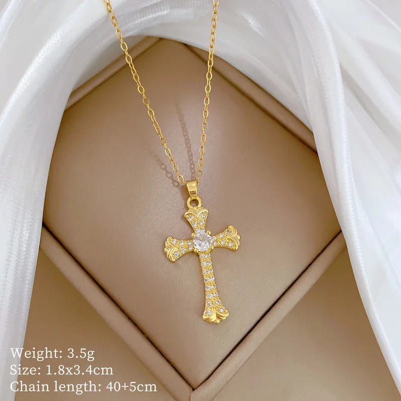 Women's Gold Cross Pendant Necklace – Stainless Steel Choker