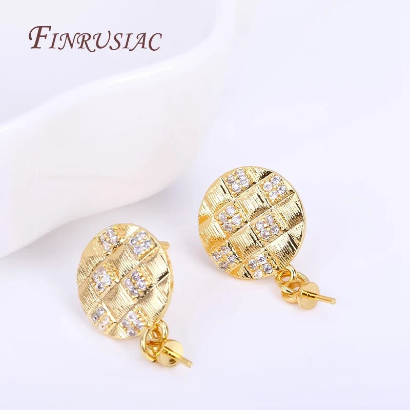 18K Gold Plated Zircon Round Post Earring Findings | DIY Pearl