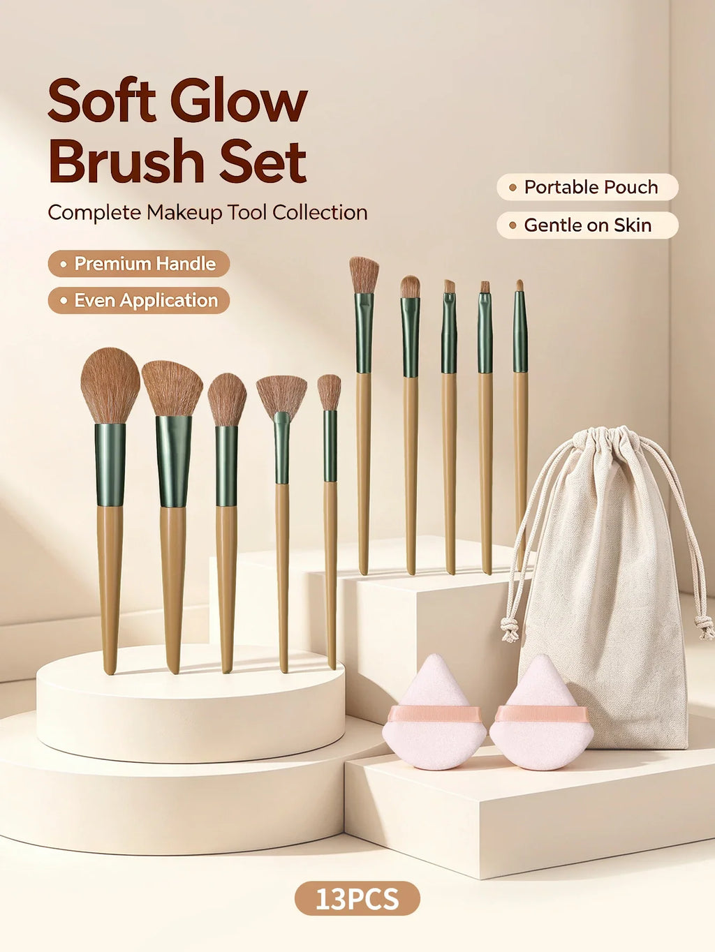 13-Piece Makeup Brush Set with Storage Bag & Powder Puffs