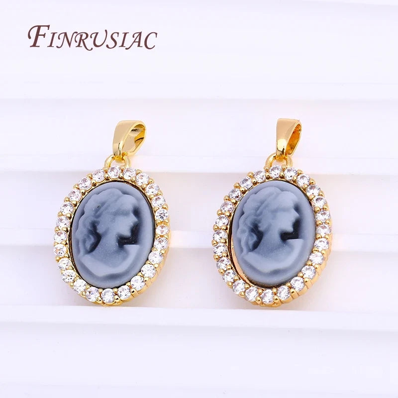 18K Gold Plated Zircon Oval Cameo Pendant Charms – 3 Colors