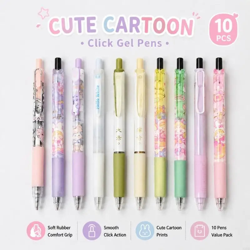 Retractable Cartoon Gel Pen Set – 0.5mm Fine Point, 10 Pack