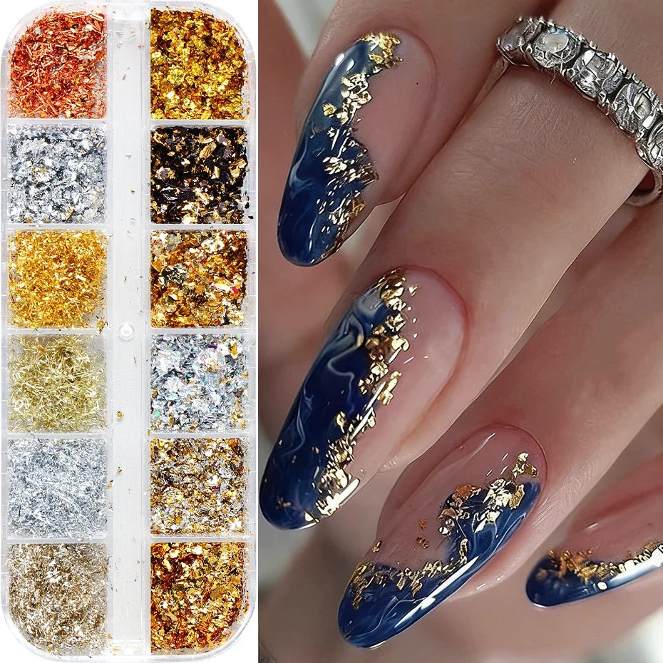 12-Grid Gold & Silver Glitter Nail Art Flakes Sequins Set
