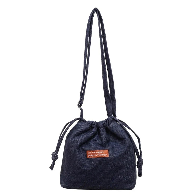 Women's Denim Drawstring Bucket Bag – Crossbody Shoulder