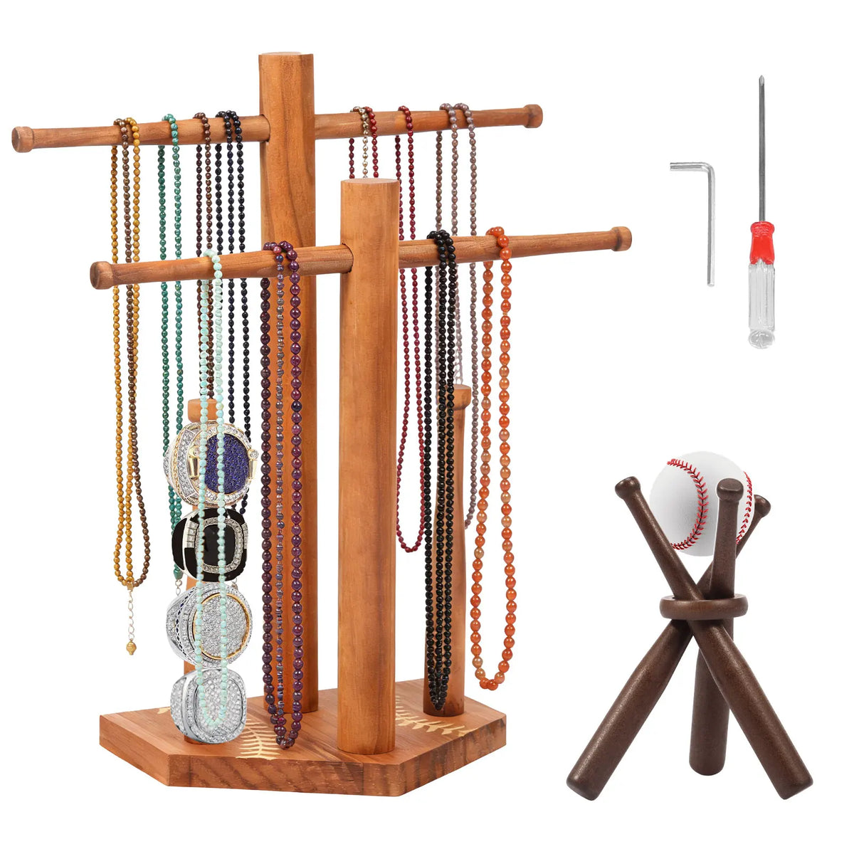 Wood Baseball Ring & Necklace Display Stand with Baseball Stand