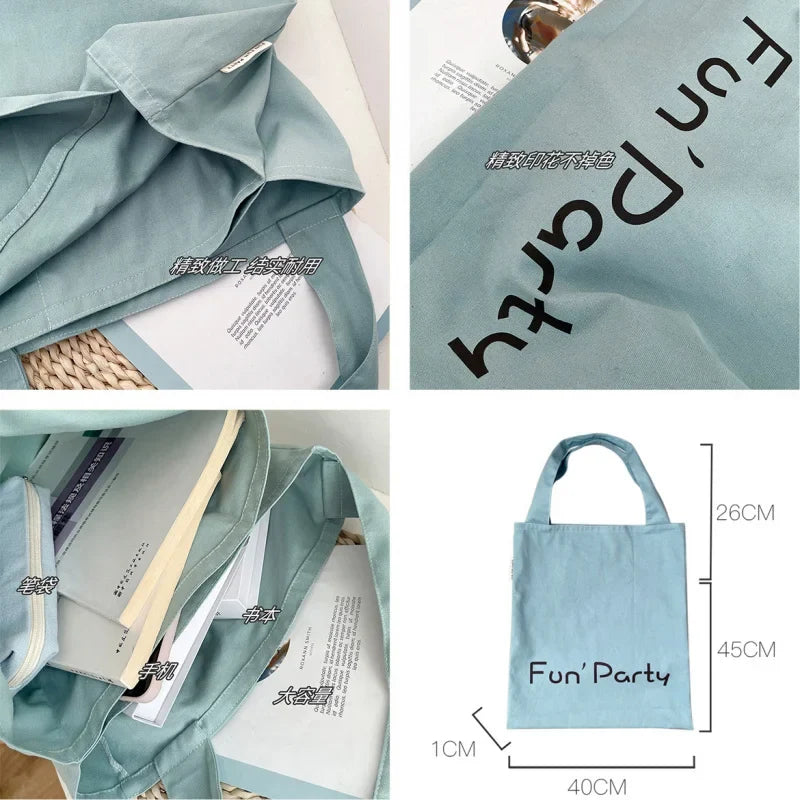 Korean Letter Print Canvas Tote Bag – Large Capacity Cream