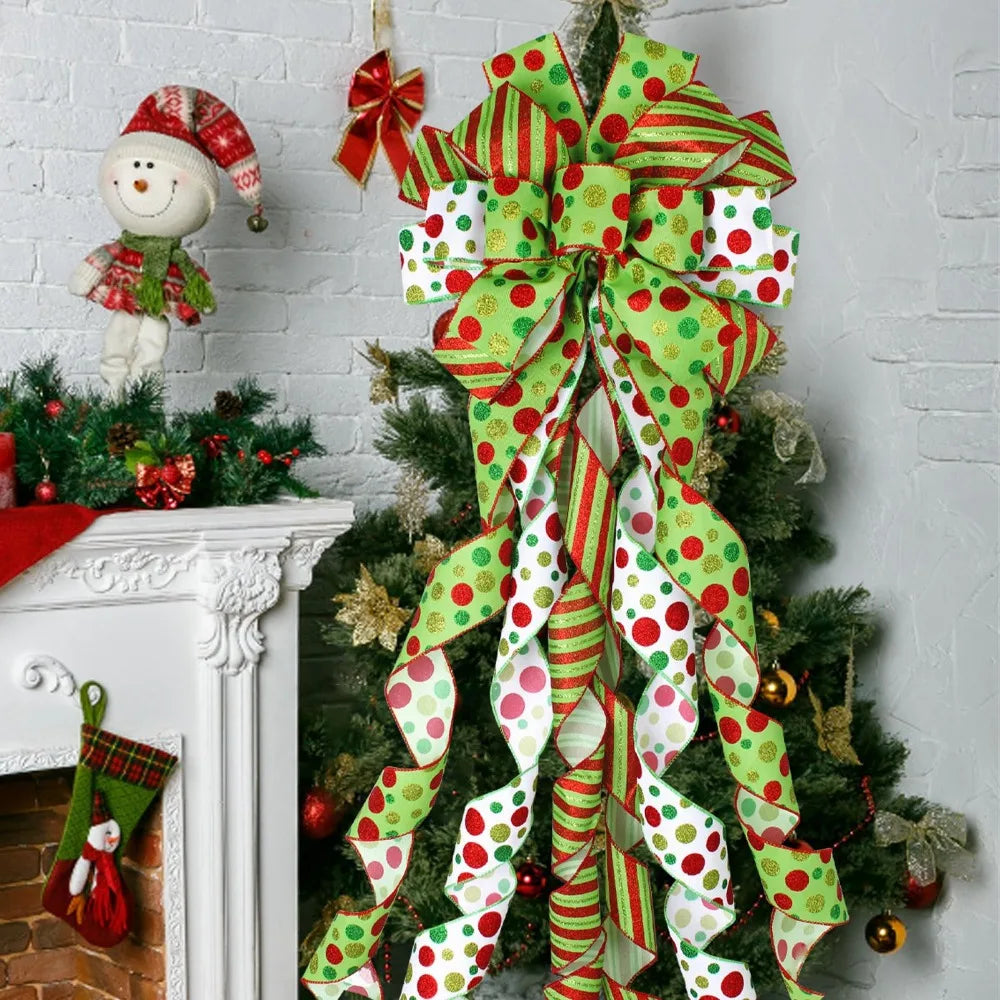 Large Christmas Bow Tree Topper – Red & Green Polka Dot