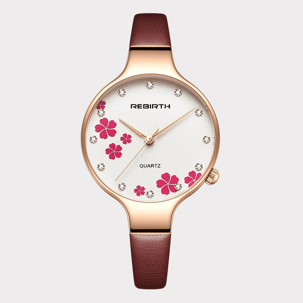 REBIRTH Retro Floral Quartz Watch – Leather Strap, Elegant