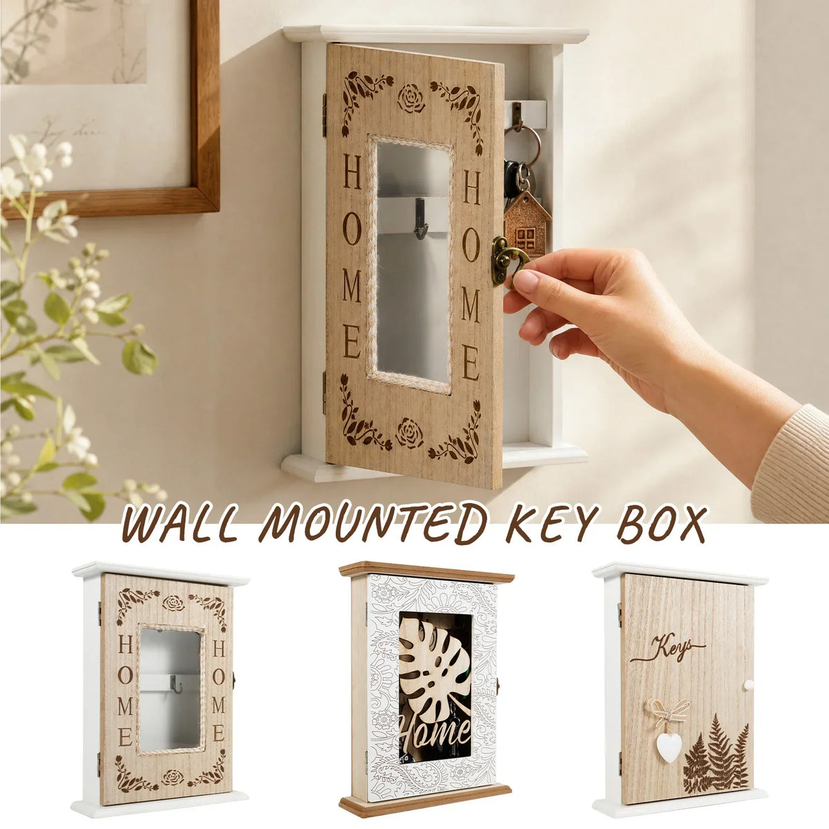 Vintage Wood Wall Key Holder with 5 Hooks | Home Entryway