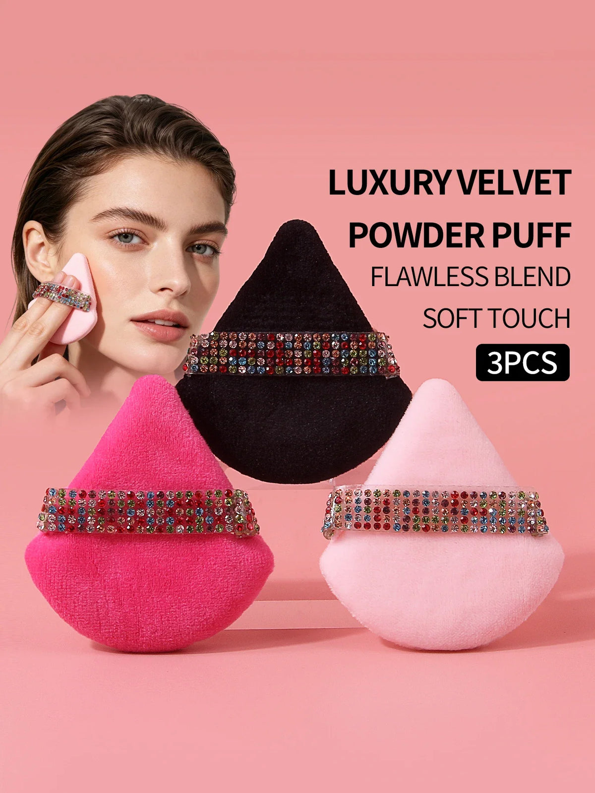 3Pcs Diamond Triangle Velvet Powder Puff Makeup Sponge Set
