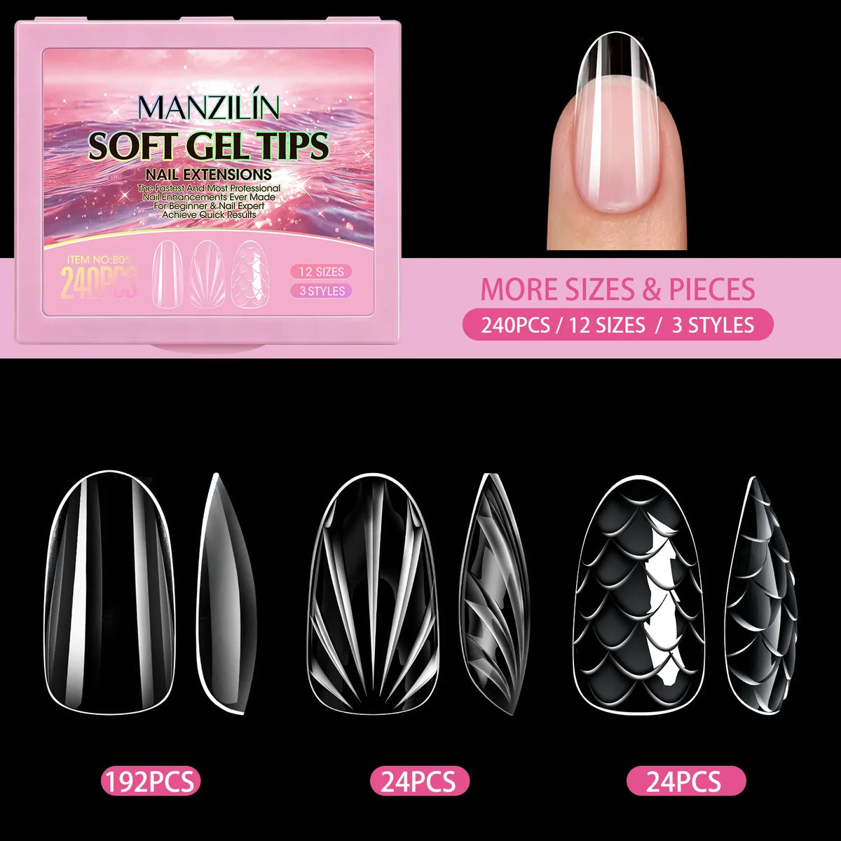 3D Fish Scale Press On Nails 240Pcs – Short Almond Soft Gel