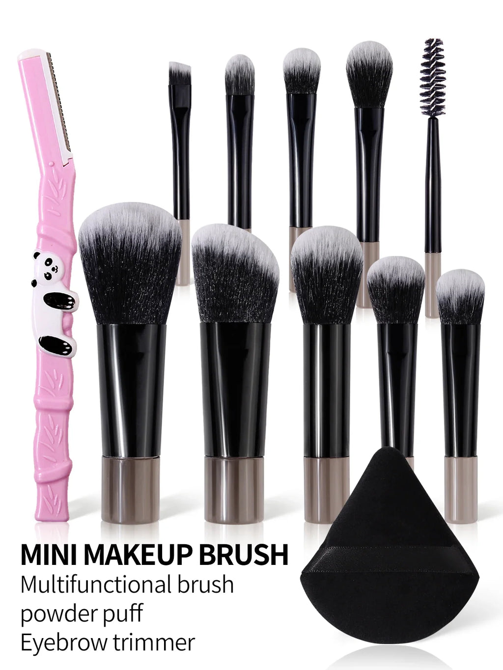 12Pc Mini Makeup Brush Set + Eyebrow Trimmer & Powder Puff