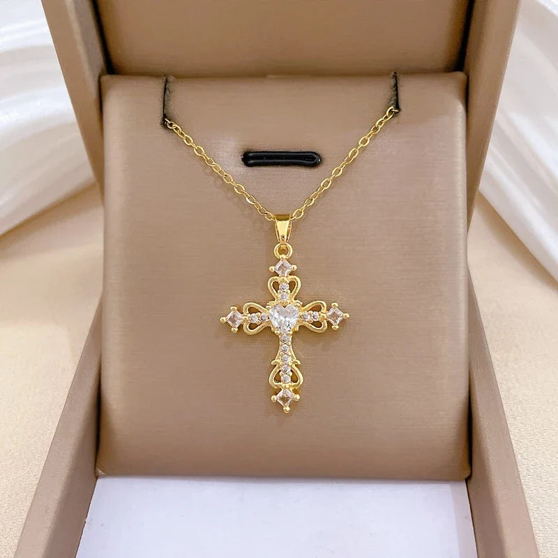 Women's Gold Cross Pendant Necklace – Stainless Steel Choker