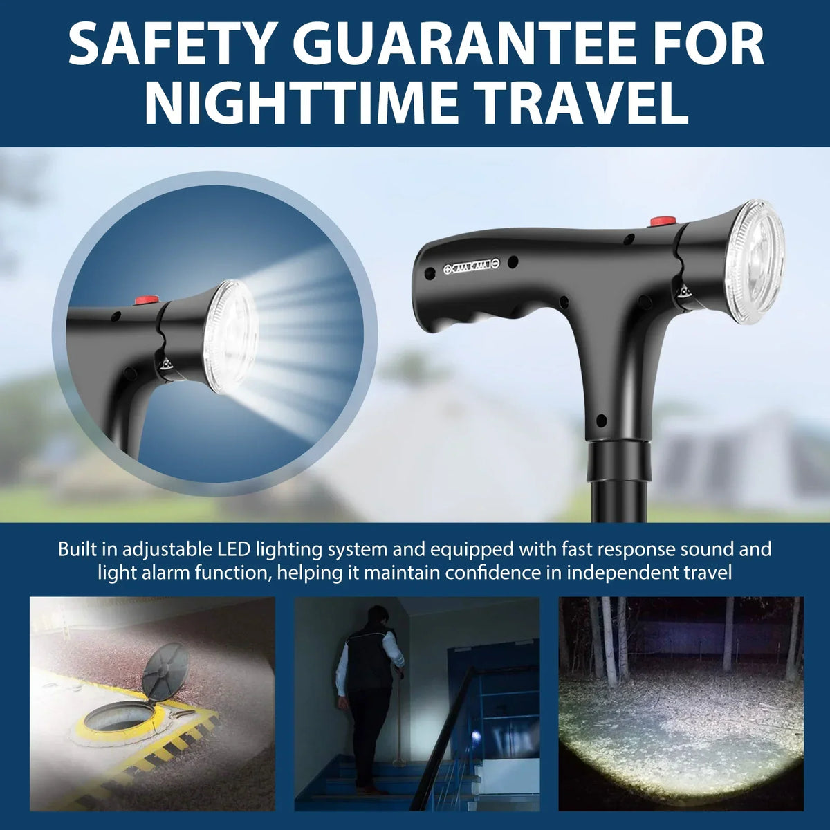 Folding Walking Cane with LED Light & SOS Alarm | Aluminum