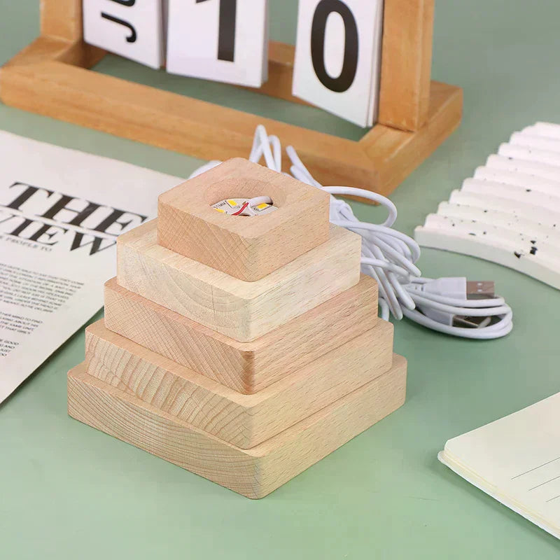 LED Solid Wood Square Night Light USB Lamp Base 5–10CM