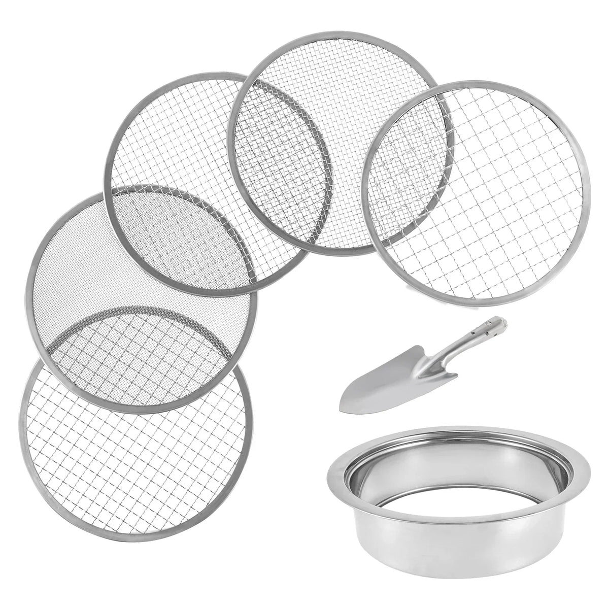 Stainless Steel Soil Sieve Set – 5 Interchangeable Meshes 9.45"