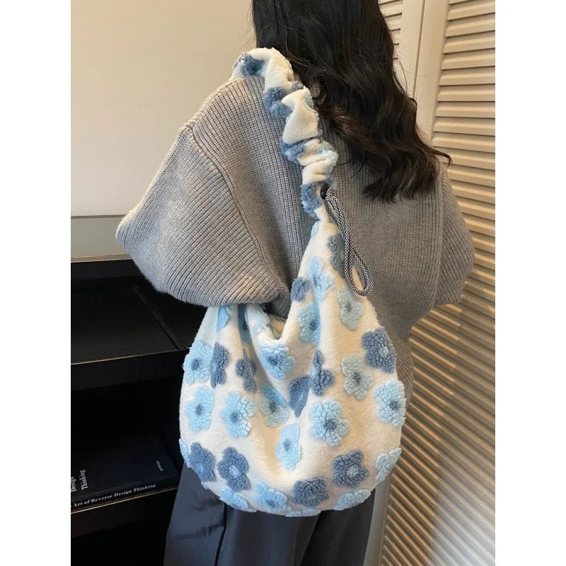 Floral Plush Dumpling Crossbody Bag – Large Capacity Women