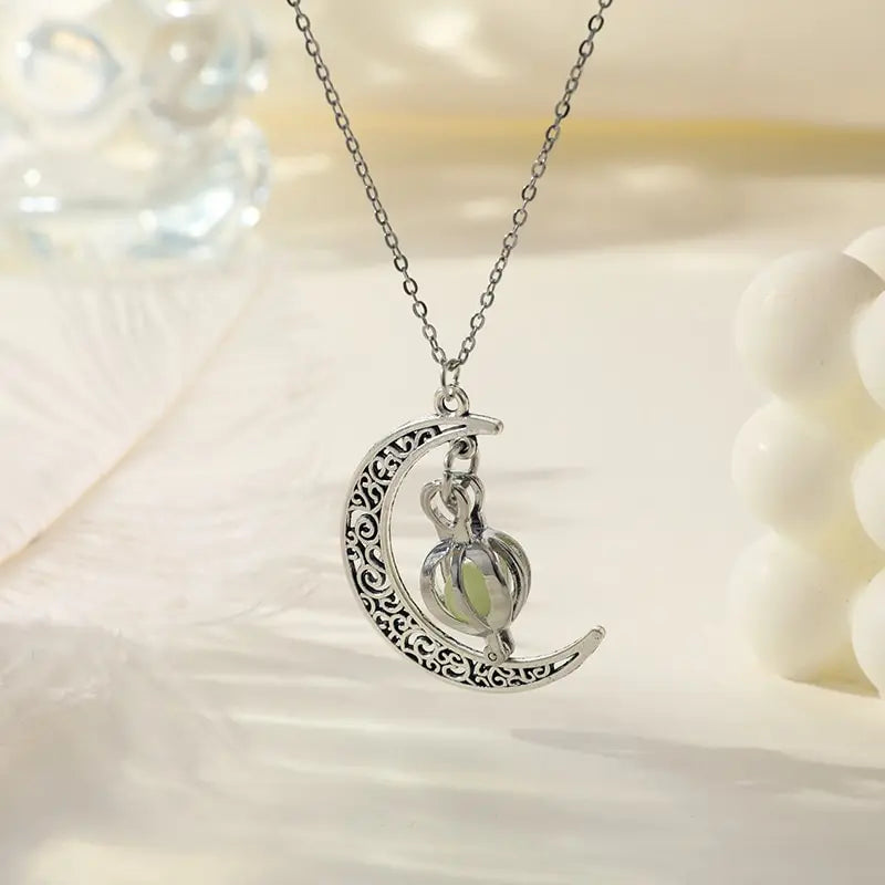 Silver-Tone Moon & Pumpkin Pendant Necklace | Light Luxury Style