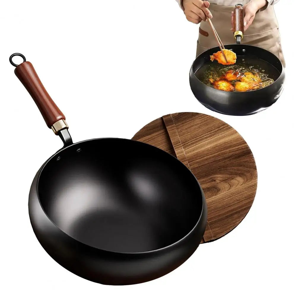 Forged Iron Wok with Wooden Lid – Nonstick, All Stovetops