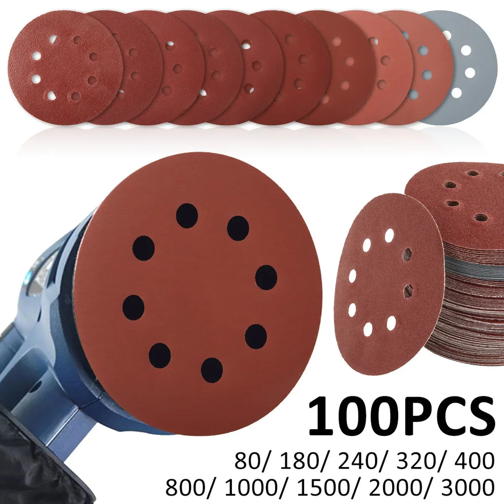 100Pcs 5" Hook & Loop Sanding Discs 80–3000 Grit | 8-Hole