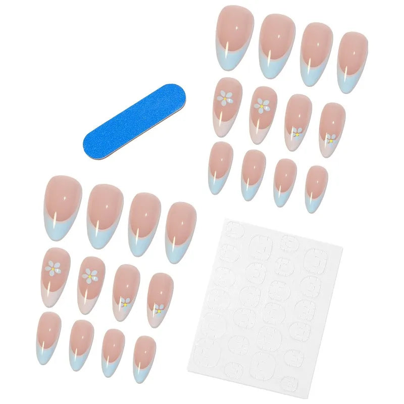 Handmade Nude Blue Floral False Nails L Size – 24Pcs