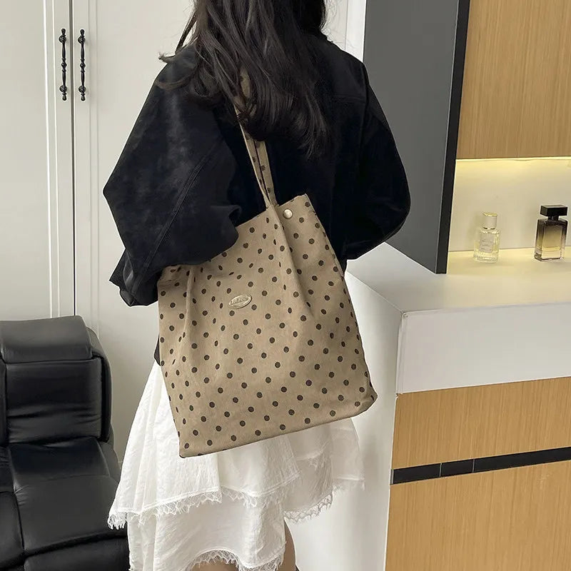 Korean Polka Dot Corduroy Tote Bag – Large Shoulder Bag