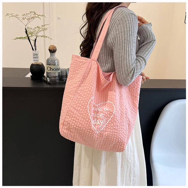 Korean Polka Dot Canvas Tote Bag – Large Shoulder Handbag