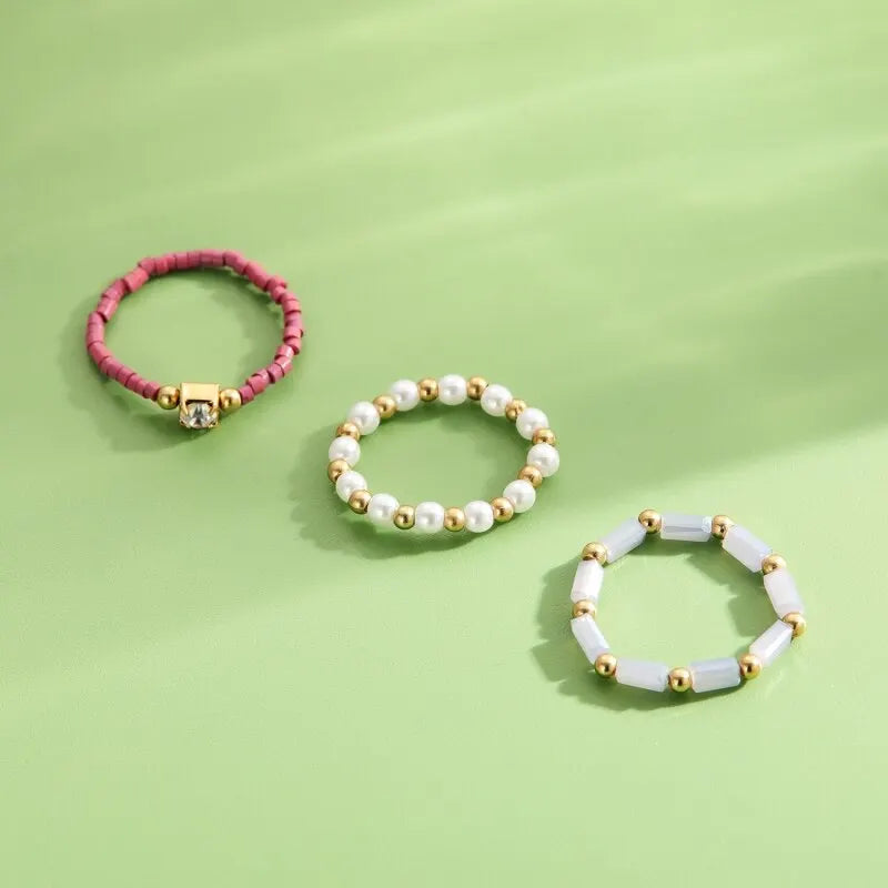 3-Piece Pearl Beaded Bohemian Rings Set – Purple Party Jewelry