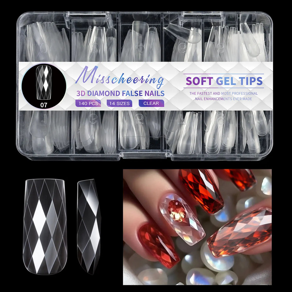 3D Diamond Almond Ballet Press On Nails – Long False Nails Set