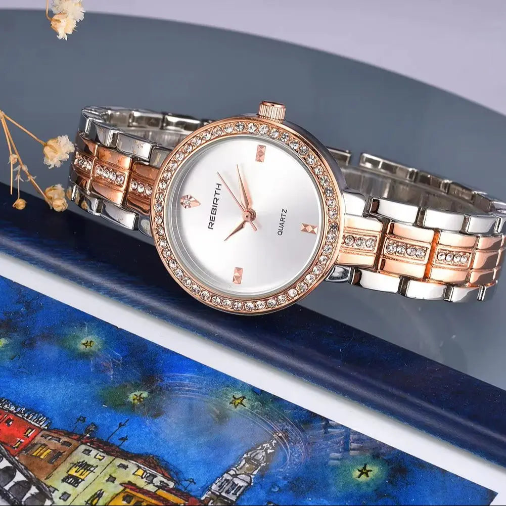 REBIRTH Women's Rose Gold Quartz Watch Diamond Bezel | Gift