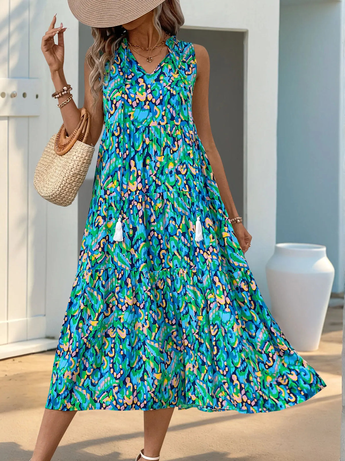 Women's Sleeveless Viscose Boho Floral Maxi Dress | Beach Vacation