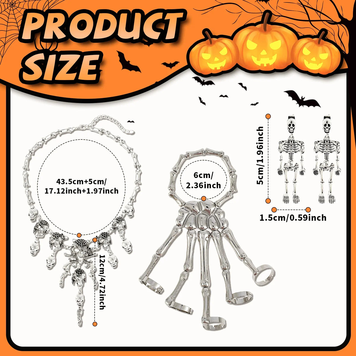4Pcs Halloween Skeleton Jewelry Set – Necklace, Bracelet & Earrings