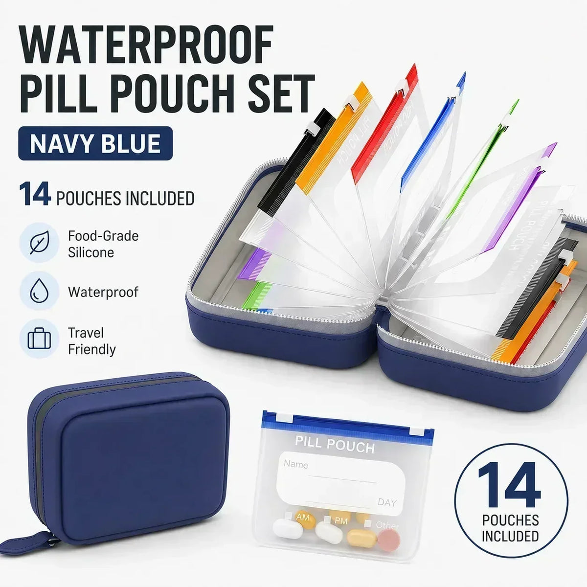 Compact Pill Organizer – 14 Zipper Pouches & Binder Case
