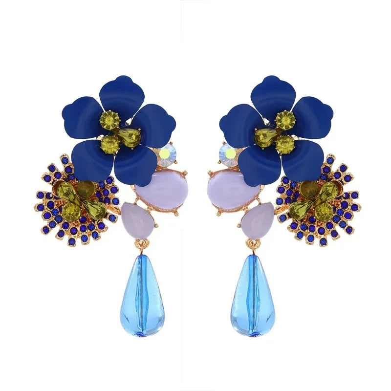 Women's Colorful Flower Rhinestone Drop Earrings – 14K Gold