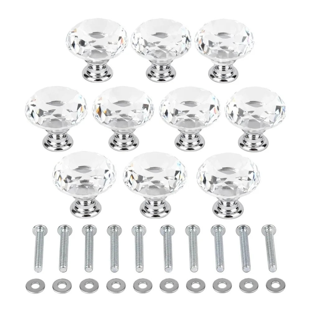 10pcs Crystal Glass Cabinet Knobs 30mm Silver Drawer Pulls