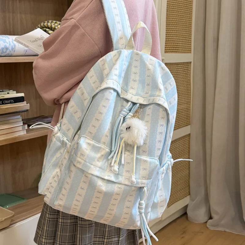 Nixie Striped Bow School Backpack – Large Capacity Teen Girls