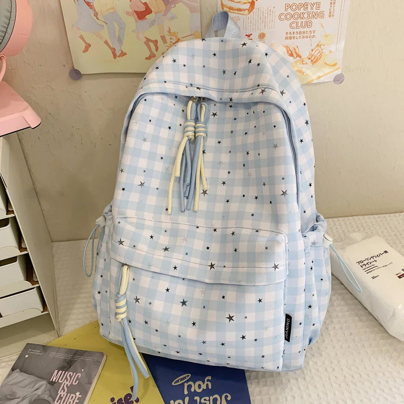Korean Plaid Backpack – Cute Star Design, Lightweight School Bag
