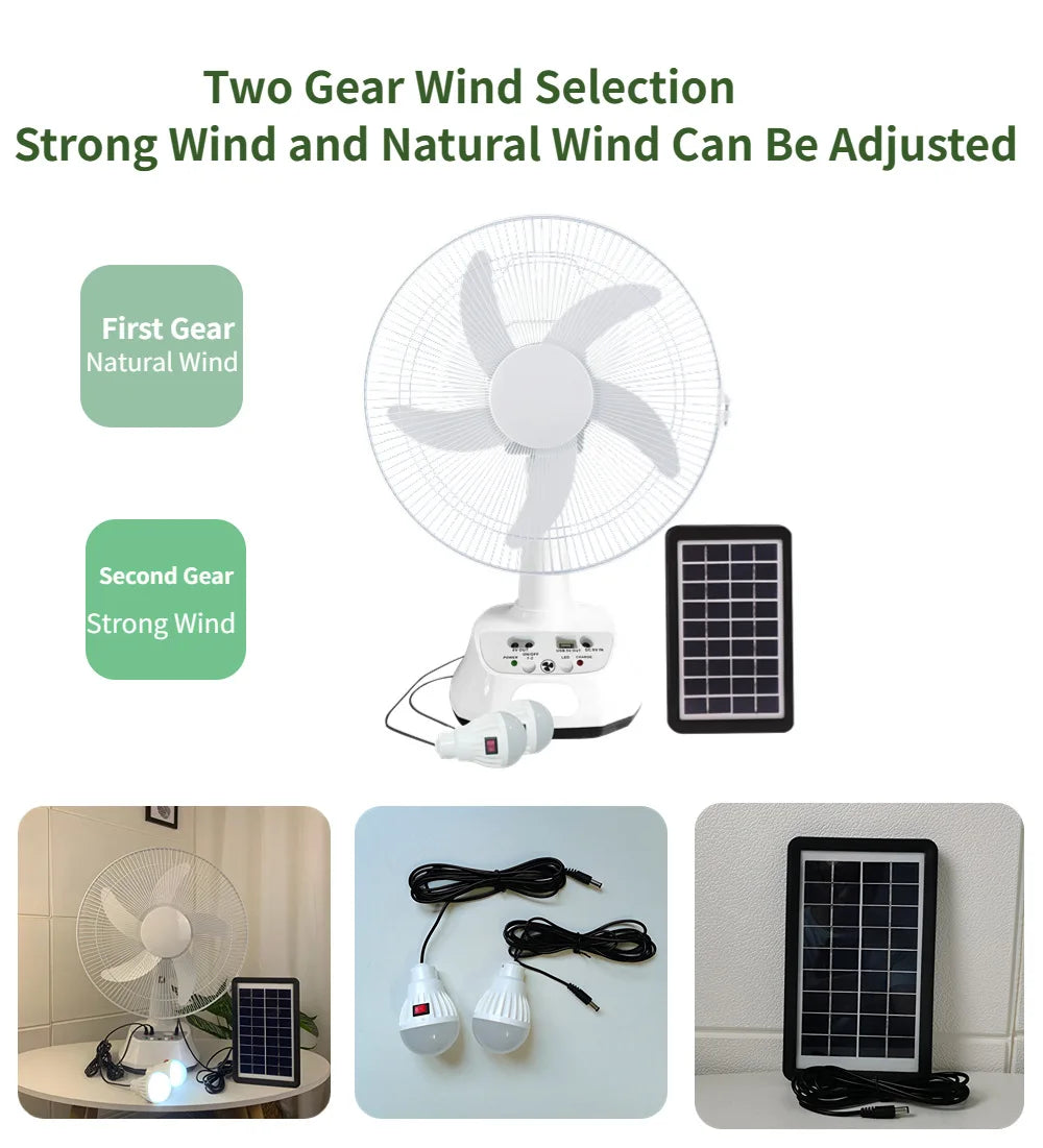 12" Solar Powered Rechargeable Fan with Panel & Light Bulb