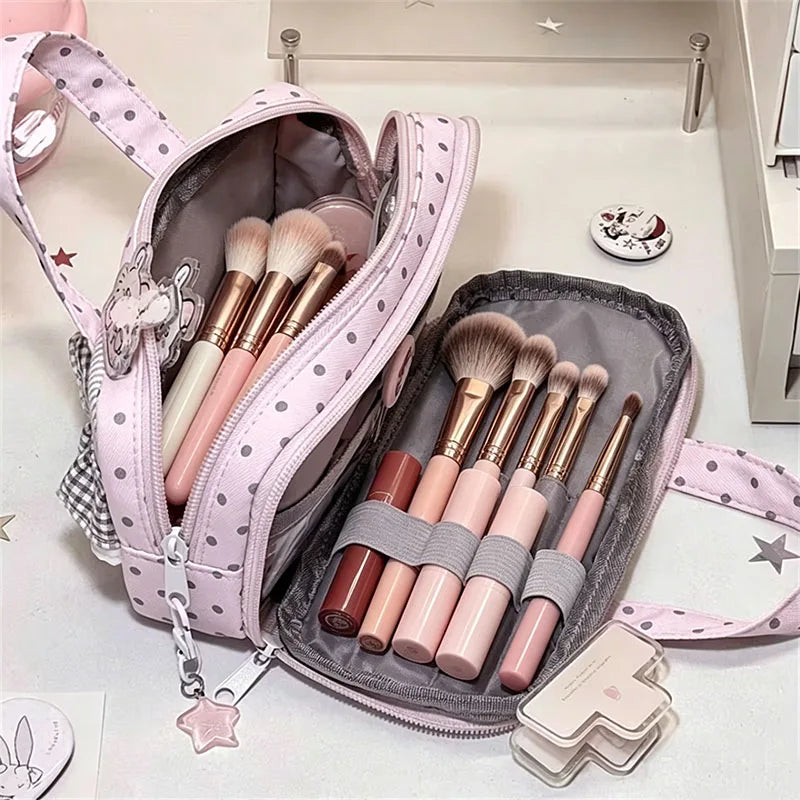 Large Polka Dot Makeup Bag – Double Layer Cosmetic Organizer