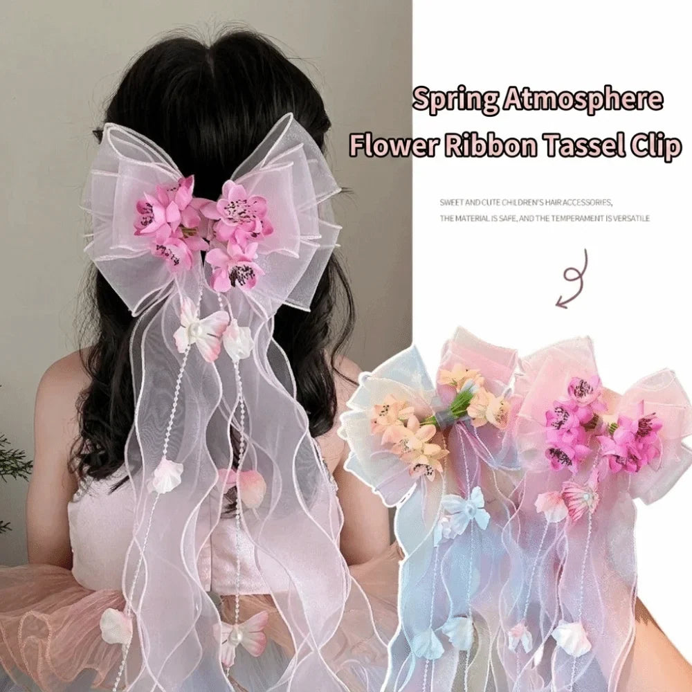 Pink Floral Bow Hair Clip Long Ribbon Butterfly Barrette