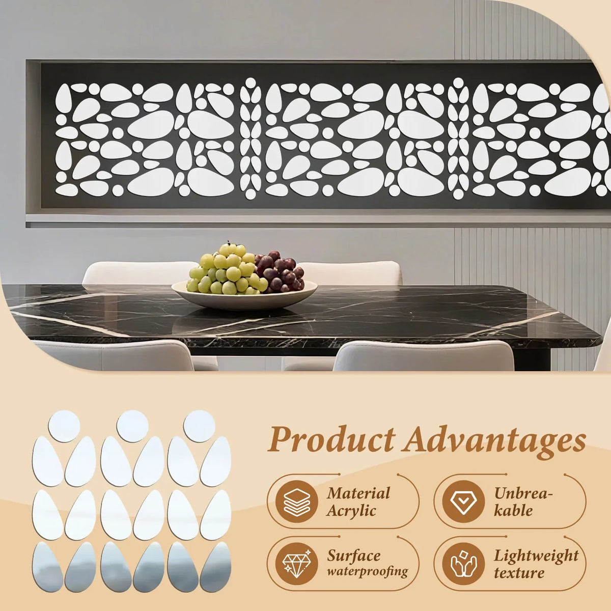 60Pcs Pebble Acrylic Mirror Wall Stickers – Self-Adhesive Tiles