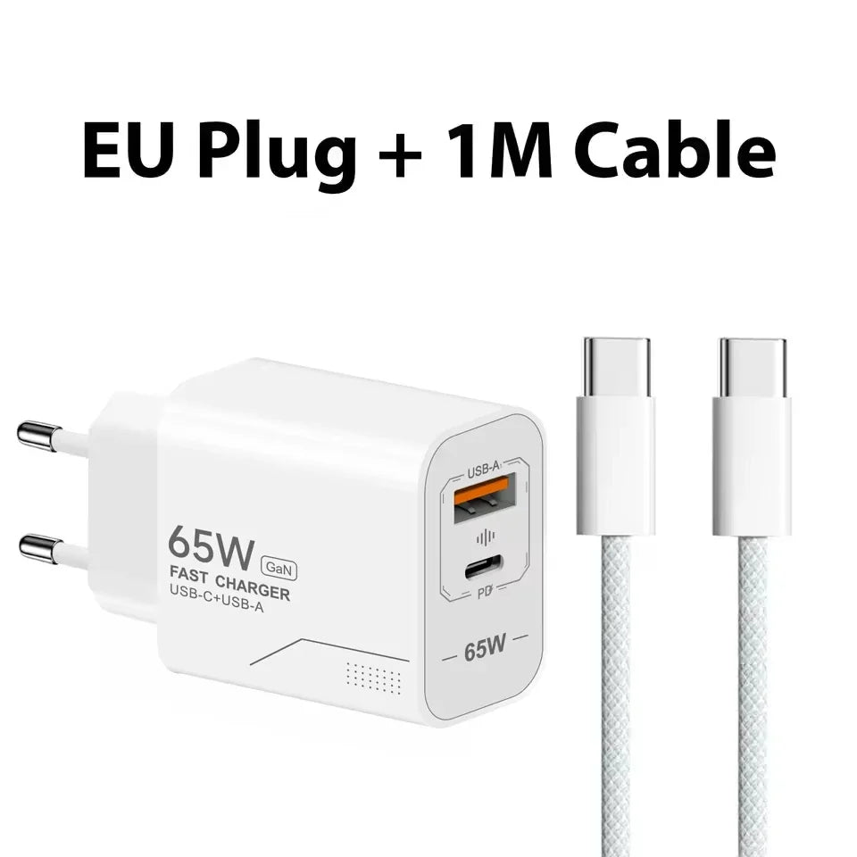 GaN 65W 2-Port USB-C PD Fast Wall Charger – EU/US Adapter