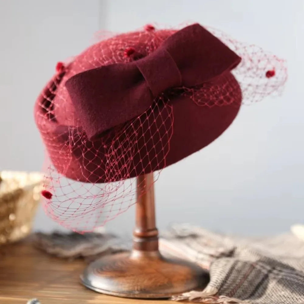 Women's Wool Fascinator Hat – Mesh Veil Bowknot Bridal Headwear