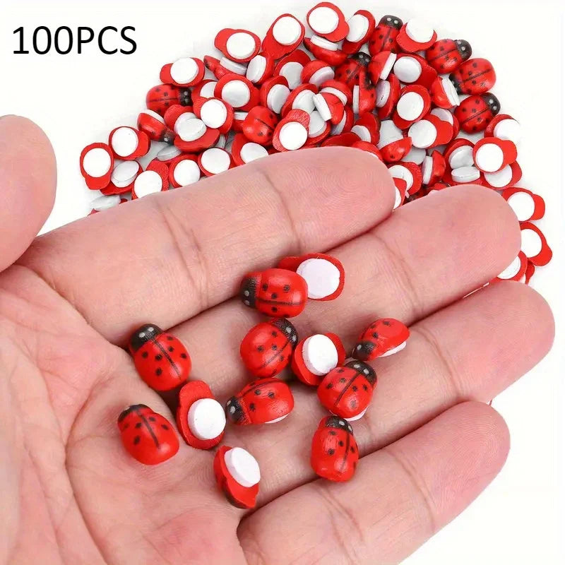 100Pcs Wooden Mini Ladybug Stickers – Self-Adhesive DIY Craft