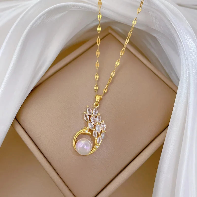 Peacock Pendant Necklace Gold Stainless Steel Choker for Women