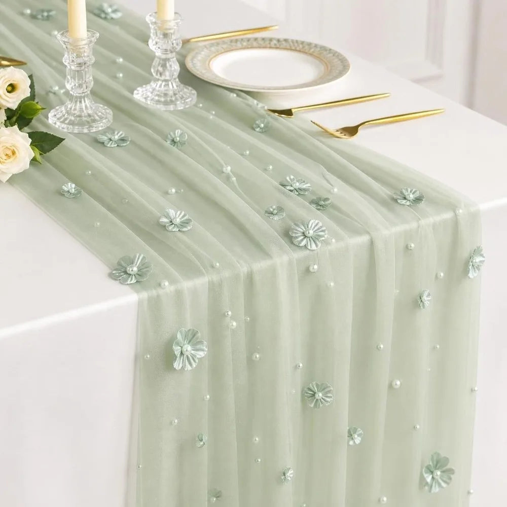 Tulle Table Runner 75x300cm Sheer Floral Embroidered Décor